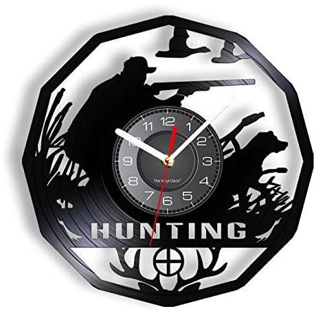 Relojes Vintage 30 Cm Reloj de pared de regalo de caza de cazador de ciervos, reloj de pared de vinilo Retro, trofeo de animales, Premio para hombres, reloj decorativo para apuntar con Rifle
