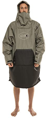 ALL-IN - Poncho Junior Storm Sherpa - Imperméable et Anti-Vent - Poche Kangourou - Matières 100% Recyclées - Taille Enfant d'1,20m à 1,55m - Noir/Kaki