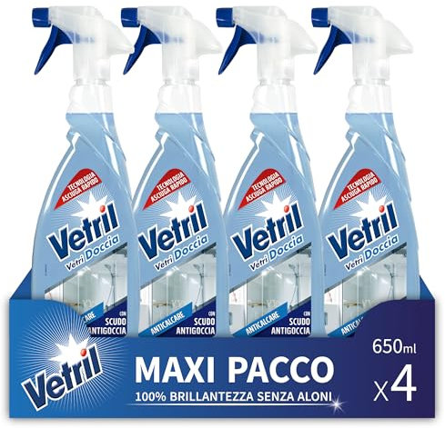 Vetril - Natural, Detergente Spray Vetri e Superfici Senza Allergeni, Brillantezza Senza Aloni, 650 ml x 4