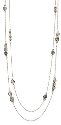 Bulinlin Damen Lange Perlen Kette Statement Halskette mit Silber Anhänger Modeschmuck Kette Geschenk für Frauen(Grey)