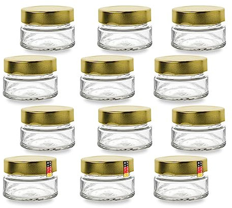 flaschenbauer - 12er Set Mini Einmachgläser 75ml - TO 58 Deep Deckel Gold - Perfekt für Marmelade, Gewürze, Honig, Gelee und DIY Geschenke - Luftdicht - Spülmaschinenfest