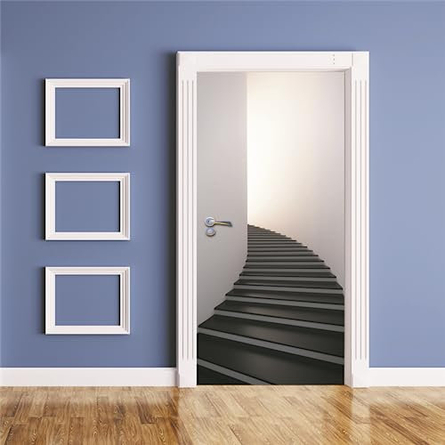 PLEETS Sticker Porte Effet 3D Escalier noir et blanc 77 x 200cm Poster de Porte, PVC Imperméable Papier Peint pour Chambre Salle de Bain Cuisine Décoration Porte Murale