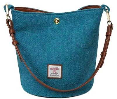 Damen-Umhängetasche/Handtasche aus Harris Tweed, Beuteltasche mit zwei Leder-Trägern