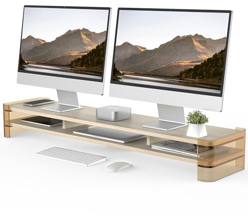 Fenge Dual Monitorständer Riser mit Acrylbein Großer Computer Bildschirmständer für Laptop/PC/Drucker/TV, Tragfähigkeit 45KG, 109,4x23,5x15cm Eiche