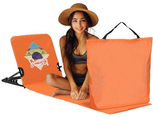 JEMIDI Tappetino da Spiaggia Reclinabile - Lettino Prendisole 145 x 45 cm - Telo da Spiaggia con Schienale Regolabile - Telo Mare Pieghevole con Sacca Portatile - Arancione