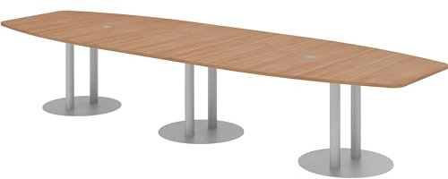 bümö Konferenztisch oval 400x130 cm großer Besprechungstisch in Nussbaum, Besprechungstisch mit Gestell in Silber, Meetingtisch für 14 Personen, XXL-Tisch für Besprechungsraum & Meeting