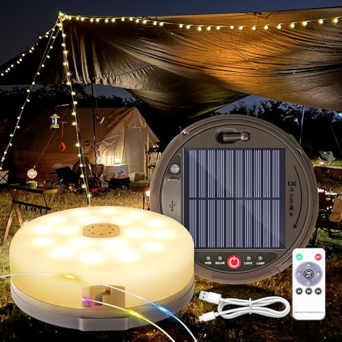HELESIN Camping Lichterkette Aufrollbar Solar 12.8M, 2 Lademodi, 4 in 1 Tragbare LED Lichterkette mit 8 Beleuchtungsmodi, Wasserdichte Camping Lichterkette für Camping Hof Deko (Mehrfarbig)