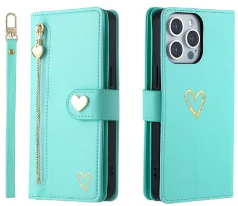 Beajew Hülle für Samsung Galaxy S5, 9 Kartenfäche Leder Geldbörse Stoßfest Flip Case mit Handschlaufe Standfunktion Reißverschluss Handyhülle Magnetverschluss Wallet,Hellgrün