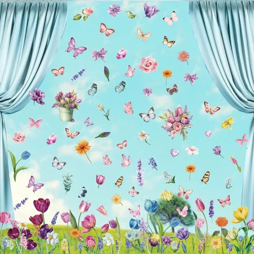 9 Blatt Fensterbilder Frühling Selbstklebend Doppelseitig Blumen Schmetterling Fensterdeko Wiederverwendbar Fensterbilder Kinder Fenster Aufkleber Deko Frühling Sommer für Glas (Farbe B)