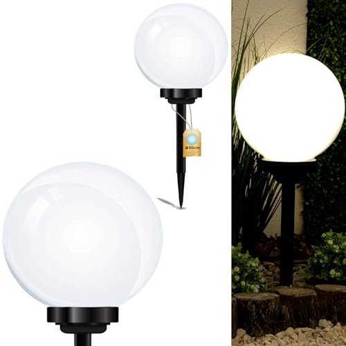Lumiled Solarleuchte Garten Solarlampe mit Erdspieß LED Solarkugel für außen Kaltweiß 6500K Solar Gartenleuchte 30 cm Solar-LED-Wegeleuchten Wegbeleuchtung Bodenleuchte 1 Stück