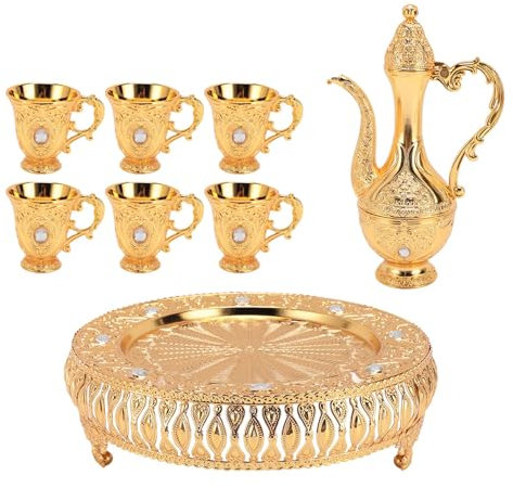 Vintage Turkish Coffee Pot Set, Turkish Tea Set with 6 Coffee Cups, Vintage Teapot Set, Russian Metal Wine Pot Kit, European Exquisite Water Serving Set Metal Wine Glass Jug Set(Gold)