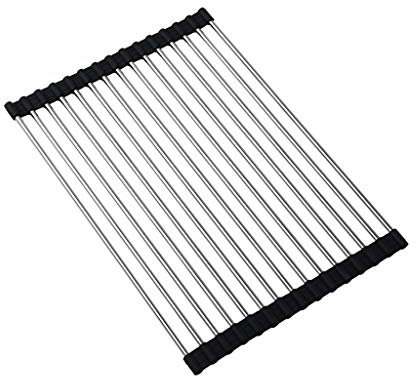 UsmAsk Escurridor de Platos sobre el Fregadero Enrollable, escurridor de Platos de Cocina Plegable Multiusos con Revestimiento de Silicona de Acero Inoxidable