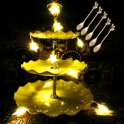 BOTRFMUNY Cupcake-Ständer, 3 Etagen, Dessertständer, LED-Lichterkette mit 5 Löffeln, Cupcake-Turm, Süßigkeiten-Obst-Display, Dessert-Turm, Tablett, Halter für Geburtstagsfeiern, Hochzeiten, Camping
