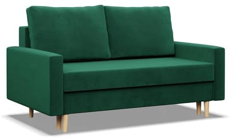 Mebligo - Sofa Mit Schlaffunktion und Bettkasten Blank, 2 Sitzer 152 cm Breit, Schlafsofa Mit Bonellfederkern im Sitz, Ausziehbares Couch auf Holzfüßen, Wohnzimmer - Flaschengrün