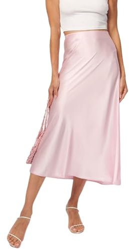 Owegvia Gonna da donna in raso gonne midi tinta unita gonna lunga in raso gonna avvolgente svasata setosa fluida lunga A-Line gonne midi gonna da cocktail, rosa, S