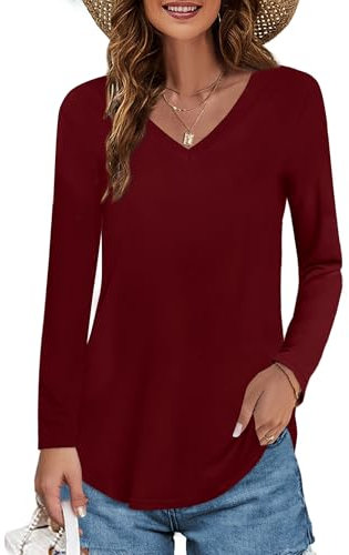 Elesomo Shirt für Damen Langarmshirt V Ausschnitt Oberteil Basic Baumwolle Tshirt Longshirt, Weinrot M