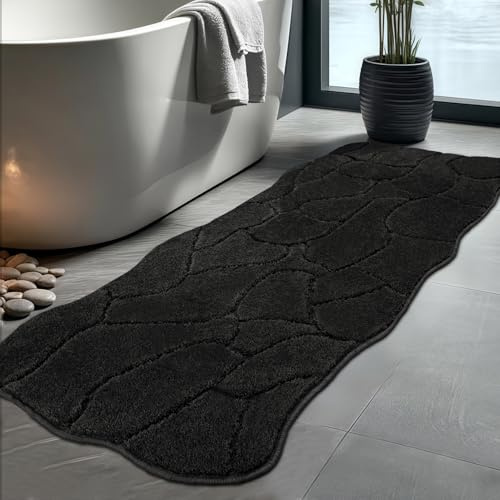 Großer Badezimmerteppich, 61 x 150 cm, extra weich, saugfähig, Shaggy, lang, rutschfest, maschinenwaschbar, moderner Badteppich-Läufer für Badezimmer, Waschküche, Küche (Schwarz)