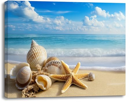 PIY PAINTING Landschaft Leinwandbilder, Strand Leinwand Wandkunst, Muschel Leinwand Gemälde, Leinwandbild, Leicht Zu Hängen Für Schlafzimmer Wohnzimmer Büro Flur Cafe, 30X40 CM, Eingebautem Holzrahmen
