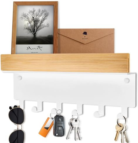 TINIFO Schlüsselbrett Holz mit Ablage – Schlüsselhalter Wand Weiß, Modern Schlüsselablage mit 6 Schlüsselhaken für Flur Küche, Eingangsbereich