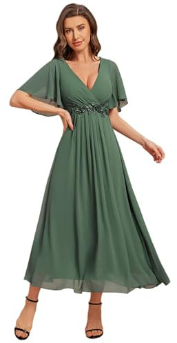 Ever-Pretty Women's Embellished Midi Evening Dress Ladies Short Sleeve line with Short Sleeve for Wedding Guest Dress Eucalyptus 12UK