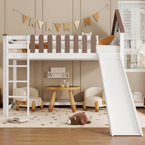 Wiuzo Hochbett, Mit Dach und Fenster, Mit dreistufiger gerader Leiter, Jugendbett, Kinderbett mit Rutsche, Kiefer+MDF, Weiß+Walnuss, 90x200cm