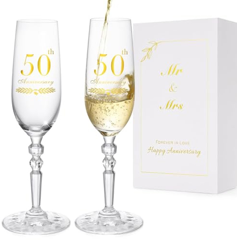 BEKESIN 50th Anniversary Champagne Flutes Gifts for Couples, Set of 2 | 50 Year Wedding Anniversary Decorations Gifts, Crystal Champagne Glasses for Husband Wife Couples, Men and Women