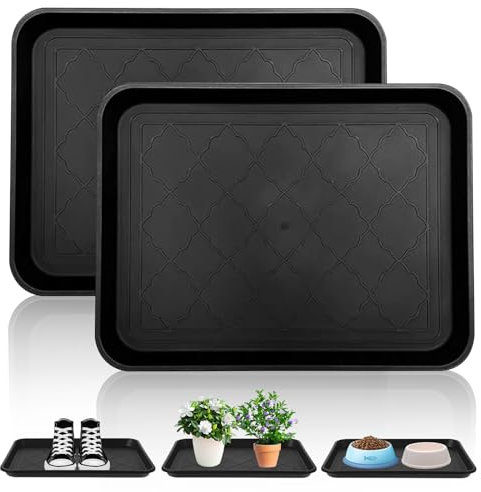 LEKEFETO Juego de 2 bandejas de goteo para zapatos, bandeja grande de plástico con borde elevado, para mascotas, jardín, zapatos, para interior y exterior, color negro, 42 x 32 x 3 cm