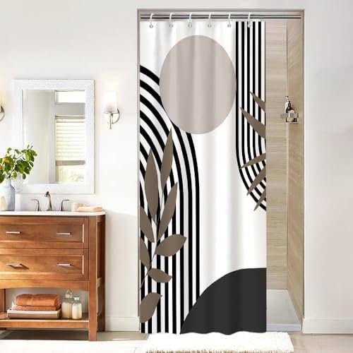 Uiiooazy Rideau Douche Anti Moisissure, Rideau de Douche Étroit 90x180cm Noir et Gris Tissu Lavable Marron Abstrait Boho Rideaux de Baignoire Boheme Imperméable Rideaux Salle de Bain avec 6 Crochets