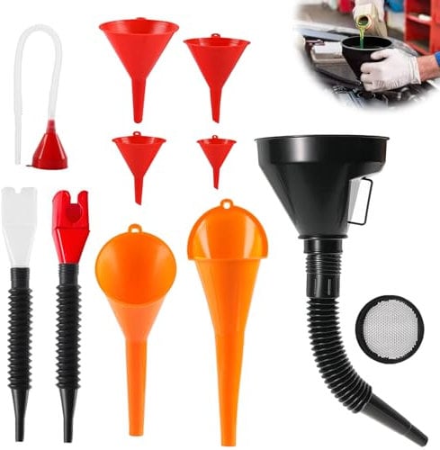 Funnel Set, 7PCS Automotive Funnels Set Flexible Plastic Fuel Funnel Wide Mouth Right Angle Funnels with Detachable Spout and Filter for Auto Oil or Kitchen Filling Bottles Containers