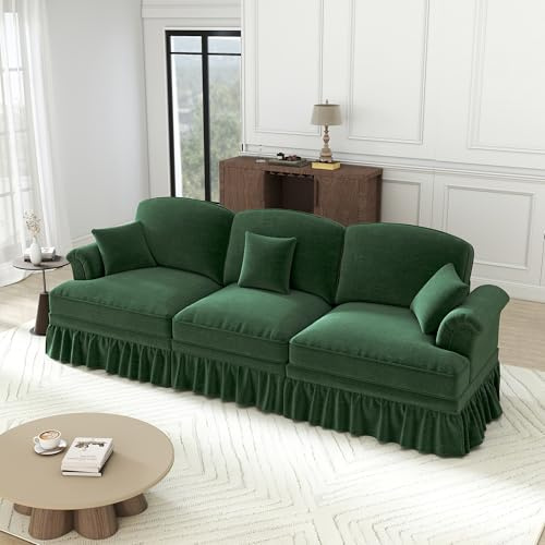 Ligterra Sofa mit Schlaffunktion, Sofa 3 Sitzer, Mittelalterlich Stil, mit Trichter-Armlehnen, Abnehmbarer Rüschenschürze & Spindelförmigen Beinen, Chennille-Stoff, 272×83.5×93cm (Grün)