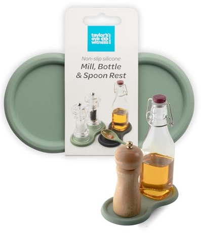 Taylor's Eye Witness Salt and Pepper Mill Tray – Non-Slip Silicone Pepper Grinder Rest for Spoon, Oil & Condiment Bottles. Kitchen Counter & Dining Table Protector. 17x9x0.9cm. Sage Colour