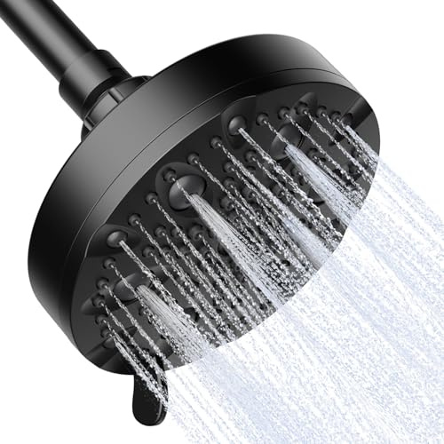 OFFO Fixed Shower Head, 9 Modes 13cm(5 inch) Waterfall Shower Head with Adjustable Metal Swivel Ball Joint, for Standard G1/2 Screw Thread Pipe, Bathroom Rainfall Showerheads, Matte Black