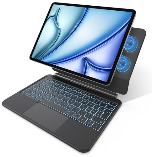 OMOTON Custodia magnetica per iPad Air 11 pollici (M3/M2, 2025/2024) e iPad Pro 11 (4/3/2/1 Gen)/Air 5/4, Magic Keyboard QWERTZ ISO-DE Layout, trackpad multi-touch, illuminazione a 7 colori, nero