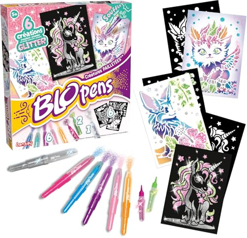 Lansay – BLOPENS – Créatures pailletées – Feutres Enfants à souffler dès 5 Ans – Activité créative avec pochoirs réutilisables et Effet diffus – 6 Blopens + Colle Glitter – Bouchons lavables