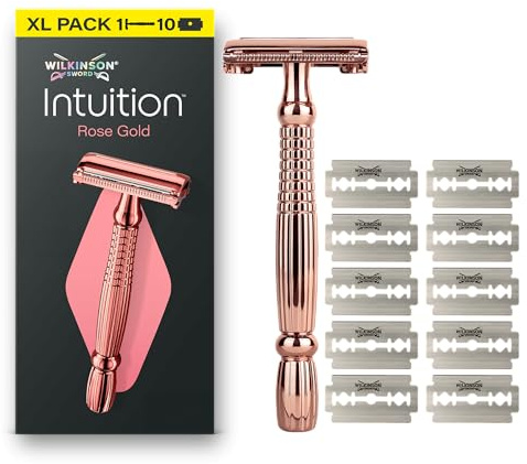 Wilkinson Sword Intuition Rose Gold Safety, rasoir pour femme, 10 recharges | Lame unique pour aider à prévenir les irritations, rasoir de sureté pour femme, comprend un manche en métal et 10 recharges