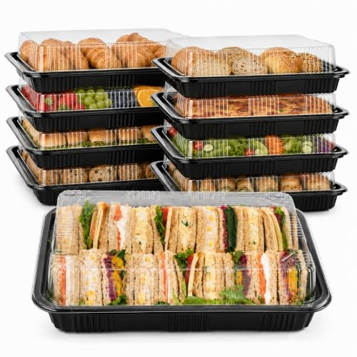 ZhuiGuang 15 Pack Large Sandwich Platter Trays with Lids, Black Plastic Serving Platters for Parties, Buffet Catering, Cake and Sushi, 26.3 x 19.7 x 6.8 cm, Includes 50 Sheets of Baking Paper