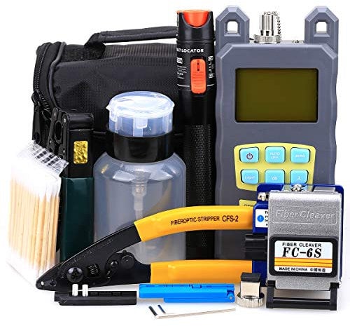 10KM FTTH Fiber Cold Connection Tool Kit 20 in 1 with FC-6S Fiber Cleaver Aluminum Visual Fault Locator Optical Power Meter Cable Tester Stripping Tool