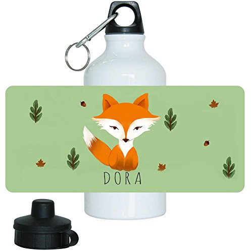 Eurofoto Trinkflasche mit Namen Dora und schönem Motiv mit Fuchs im Aquarell-Stil für Mädchen | Aluminium-Trinkflasche