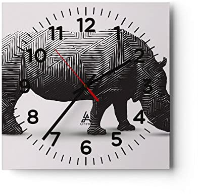 Modern Wanduhr Nashorn Tier Afrika Safari 30x30cm Quadrat Klein Wand Uhr Glas Analog Zimmeruhren Küche Büro Wohnzimmer Glasuhr Wall Clock Dekoration Design Wanddekoration Küchenuhr C4AC30x30-2935