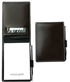 DELMON VARONE - Personalisierbares Notizblock Etui DIN A7 Cambridge Top Grain Leder braun - Reporterblock Lederetui 1 x Mini-Kugelschreiber & 2 x Blanko Block (unliniert) Notiz-Block Stiftschlaufe