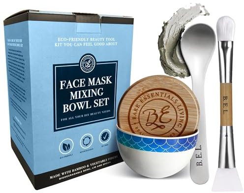 Clay Face Mask Mixing Bowl Set- Kit with Bamboo Lid, Spoon, Dual Sided Face Mask Brush Applicator Soft Silicone Spatula and Face Mask Brush for DIY Clay Mud Mask, Facials, Body and Hair (Mermaid)