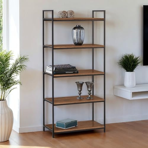 Julian Bowen Tribeca Bookcase, 5 Tier, Walnut Effect - H140 x W63 x D32cm | Contemporary Wooden Bookshelf, Open Storage Shelves, Ideal for Living Room & Home Office