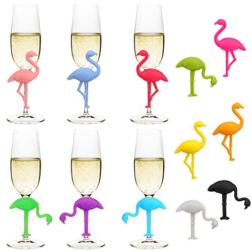 12 Piezas Identificador de Copas, Silicone Marcadores de Copas Multicolor Encantos de Copa de Vino Accesorios de Decoración de copa de vino Flamingo Gadgets de reconocimiento de Copa de Vino