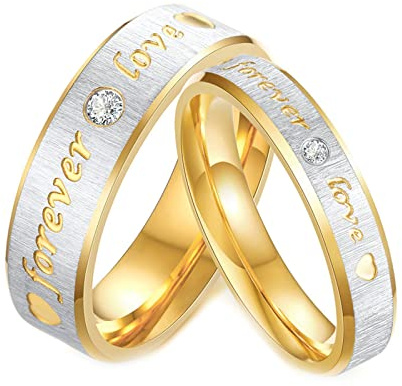 Beydodo Paarringe für Sie und Ihn, Gold Eheringe Edelstahl mit Stein Forever Love Bandringe Verlobungsringe Partner Ringe mit Wunschgravur