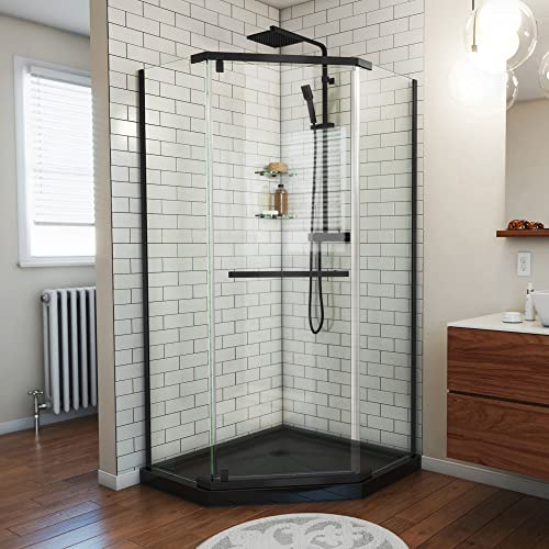 DreamLine Prism 38 inch D x 38 inch W x 74 3/4 inch H Frameless Neo-Angle Pivot Shower Enclosure in Matte Black with Black Shower Base Kit