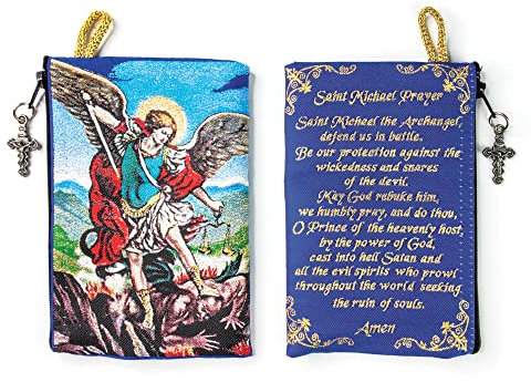 TREE OF LIFE REV. 22:14 Katholischer Rosenkranzbeutel, 10,2 x 15,2 cm, Schmuck- und Münzgeldbörse mit Kreuz, kleine gewebte Gobelin-Tasche, Bolsa de Rosario Católico para Joyería, Erzengel Michael &