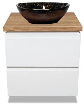 VBChome Mobilier de salle de bain 60 cm blanc marbre noir 41 x 35 cm avec meuble sous lavabo 2 tiroirs Moduo