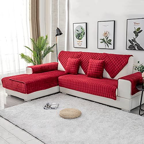 SAZDFY Plüsch Sofa Überwurf,Flanell-samt L-Form Abschnittsweise Sofabezug Für Katzen Kinder,Anti-ausrutschen Schonbezug Sofa Möbelschutz Kissen Für Wohnzimmer Schlafzimmer-Rot 110x160cm(43x63inch)