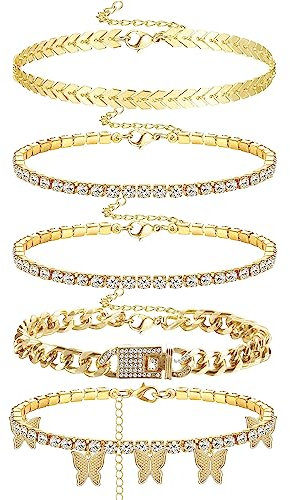 Dochais 5 Stück Fußkettchen für Damen Gold Fussketten Set für Frauen Boho Anklet for Women mit Anhänger Längen Verstellbar Schmuck Mädchen Geschenk