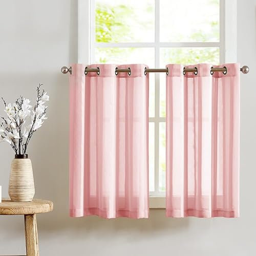 TOPICK Voile Scheibengardinen mit Ösen Transparent Bistrogardine Landhaus Streifen Küchenvorhang Gestreift Küchengardinen Paarig für Badezimmer Klein Fenster Dekor 90x115cm(BxH) Rosa 2er Set